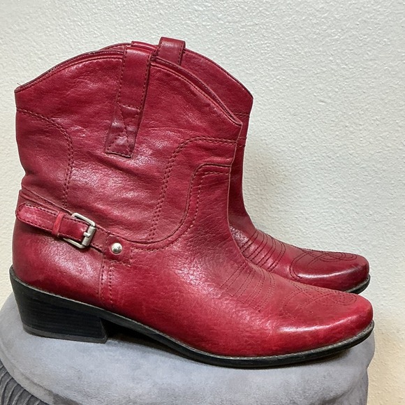 Franco Sarto Waco Red Leather Women's 11M Ankle Cowboy Western Boots w/ Buckle - Picture 1 of 9